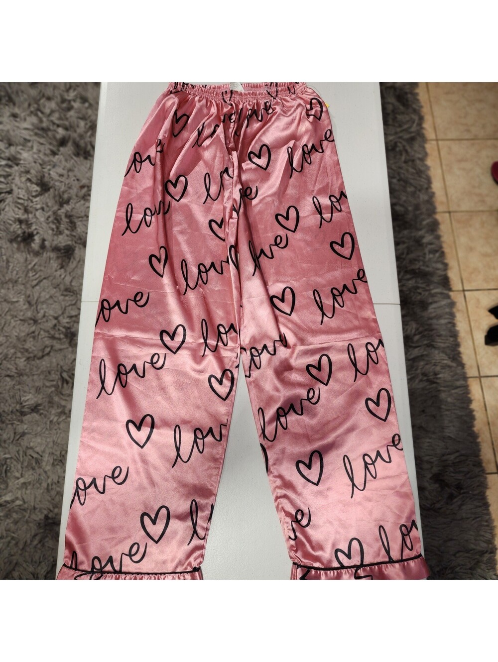 Women's Pink Satin Heart Print Pajama Pants Ruffle Drawstring M Lightweight